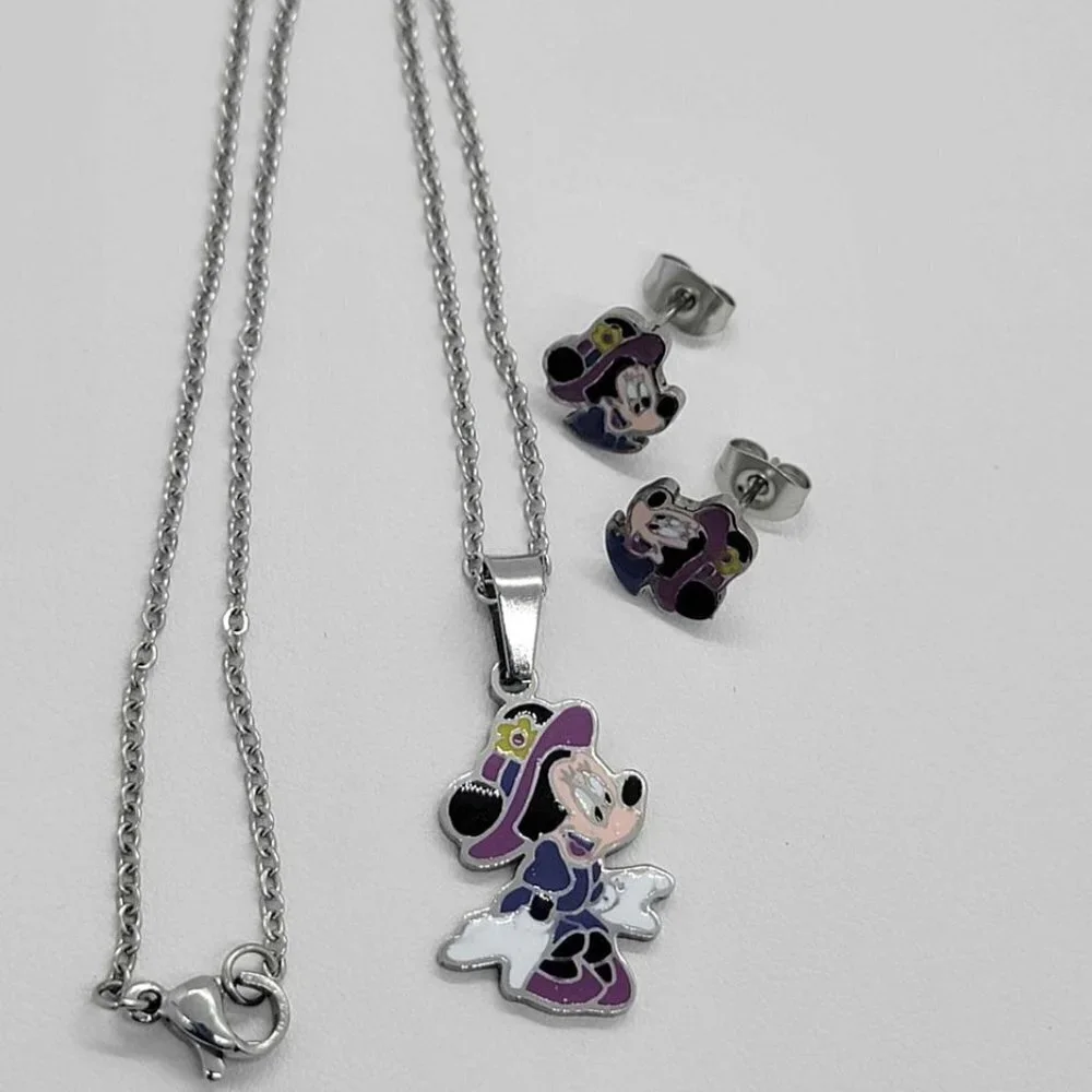 Stainless Steel Minnie Mouse in Purple earrings and necklace